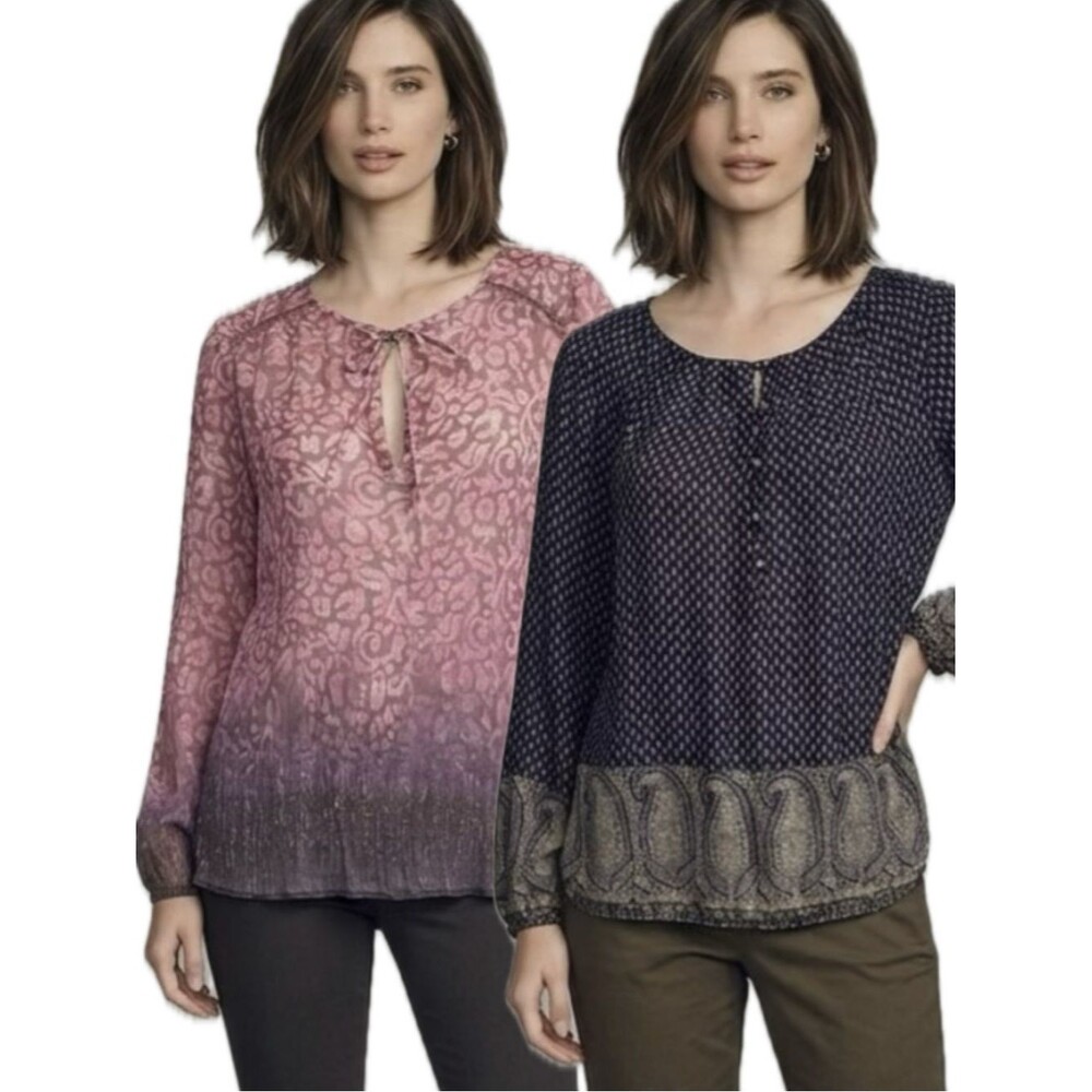 Lucky Brand Sheer Crinkled Print Peasant Tunic Top Bundle Size M Long Sleeve Y2K